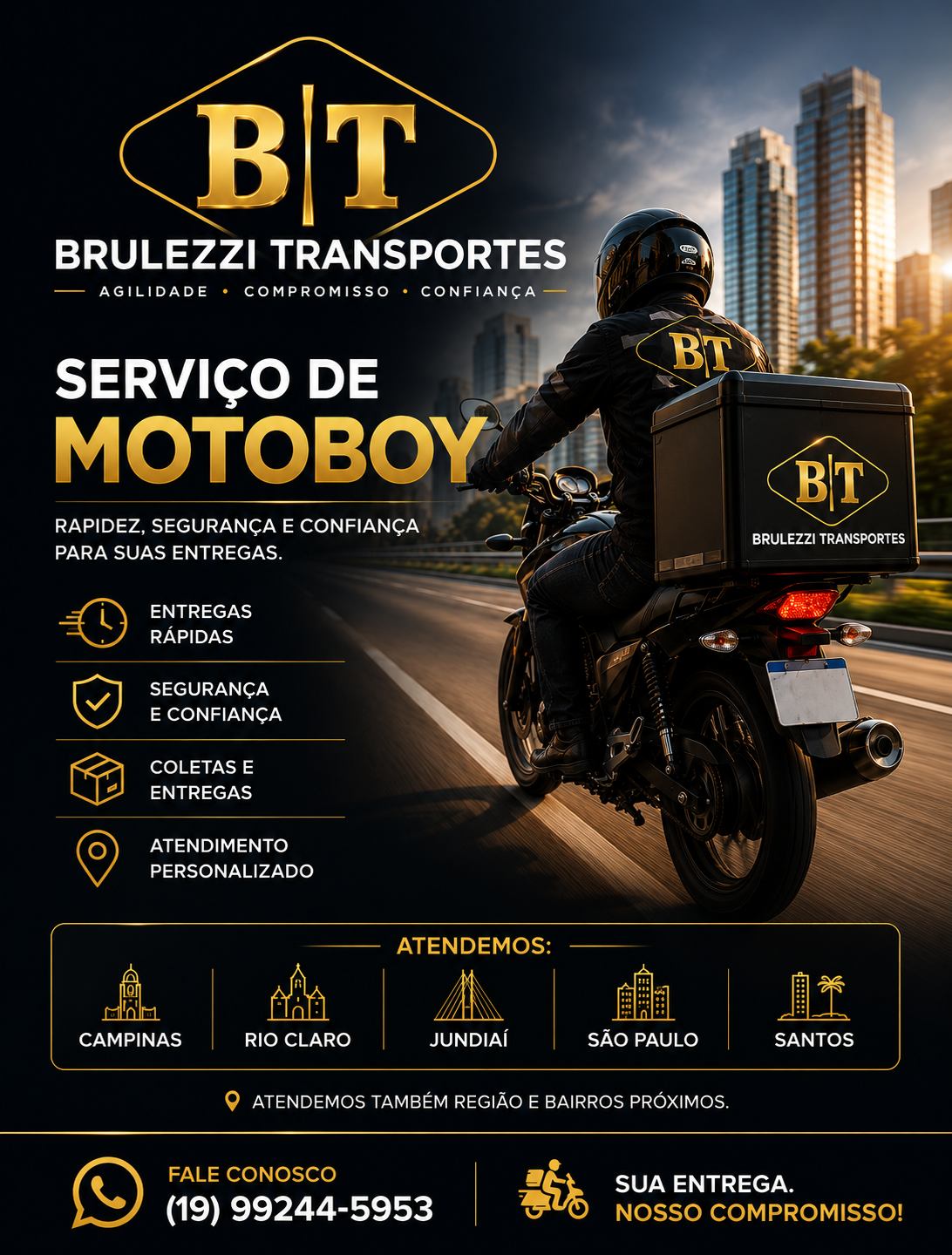 Motoboy da Brulezzi Transportes pronto para entrega expressa em Campinas
